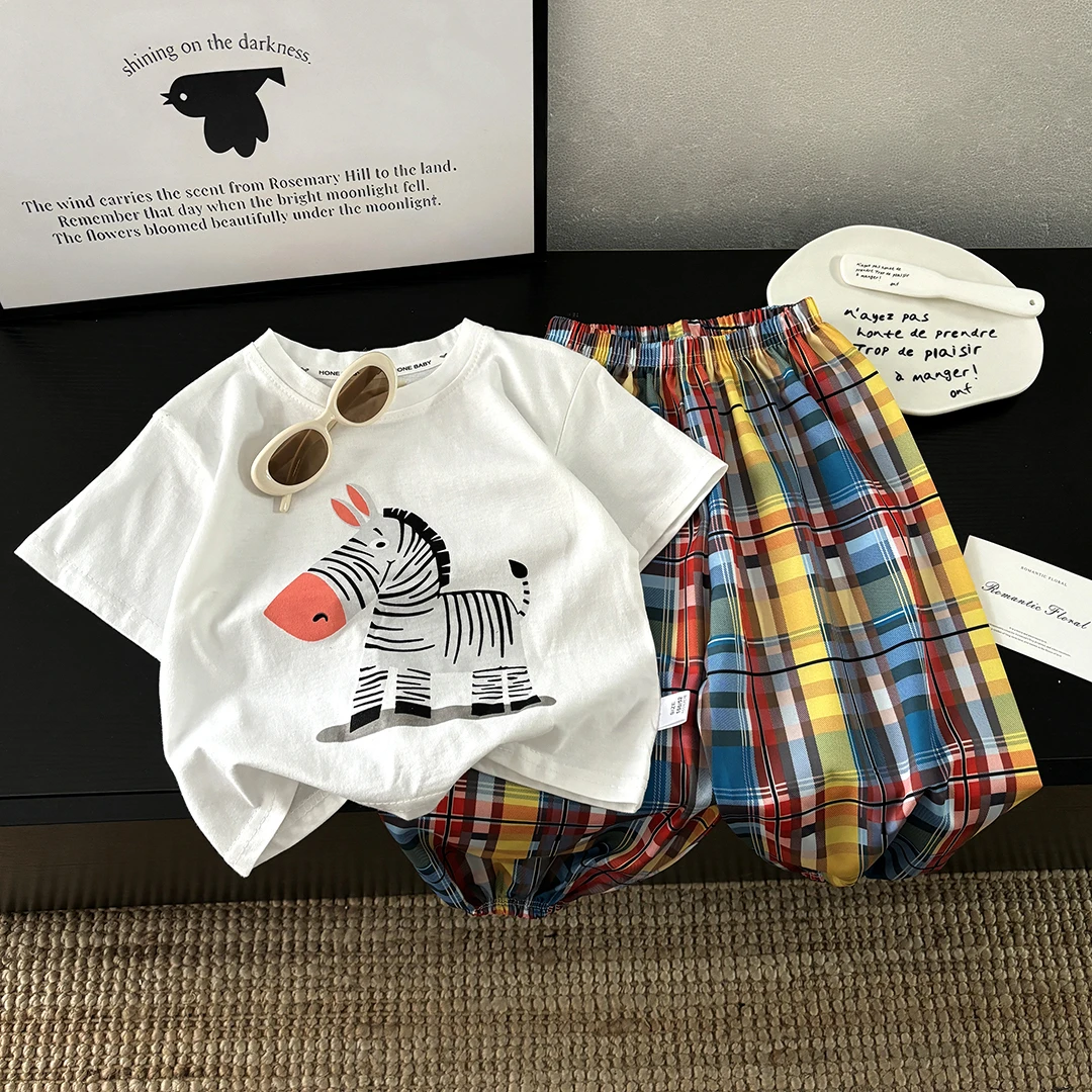 儿童夏季新款短袖长裤套装彩虹格格裤两件套休闲时尚潮流