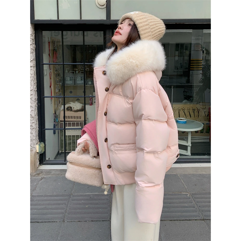 甜美大毛领连帽粉色短款棉服女冬季2025新款今年流行加厚棉衣棉袄