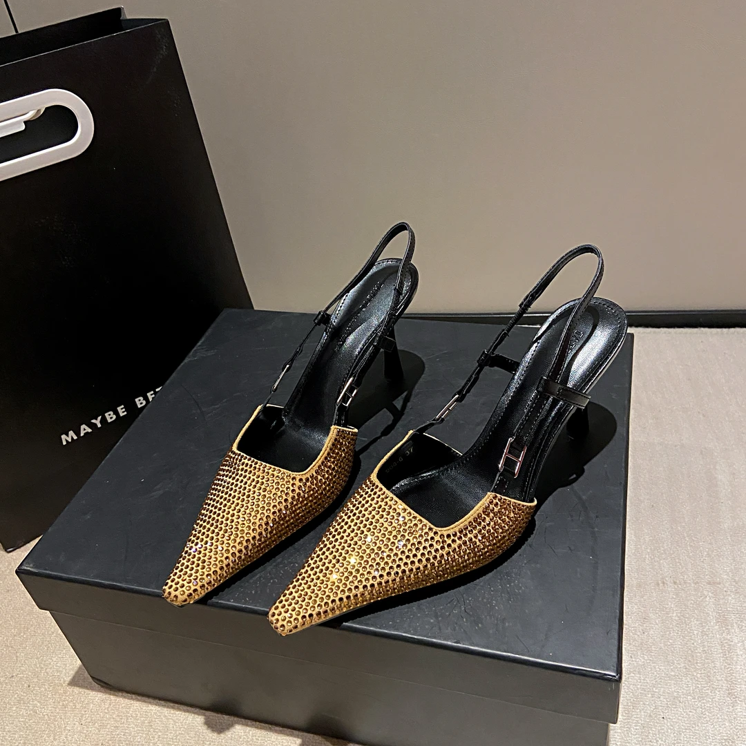 【7公分】2025新款春夏款尖头水钻凉鞋一字带后空洋气宴会高跟鞋