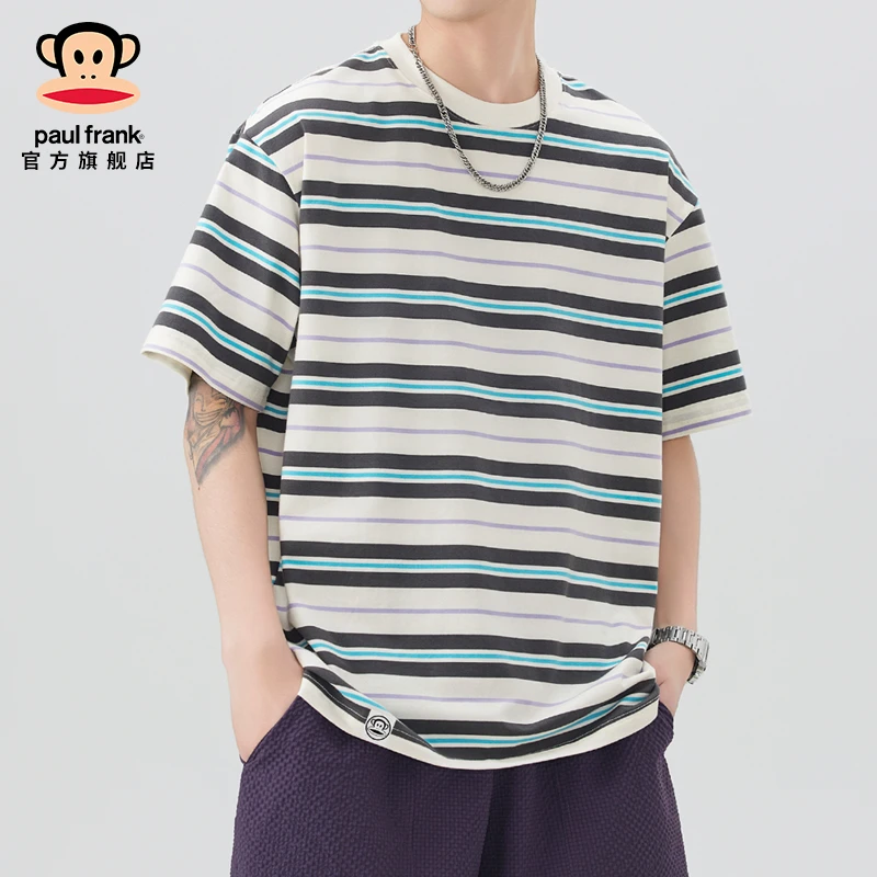 paul frank/大嘴猴日系复古条纹t恤男士夏季新款潮牌宽松百搭短袖