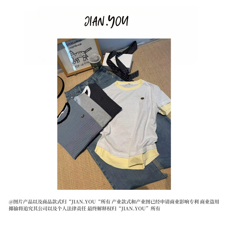 JIANYOU-「撞色条纹」韩国单！25春季新款女韩系撞色条纹T恤FF-25091