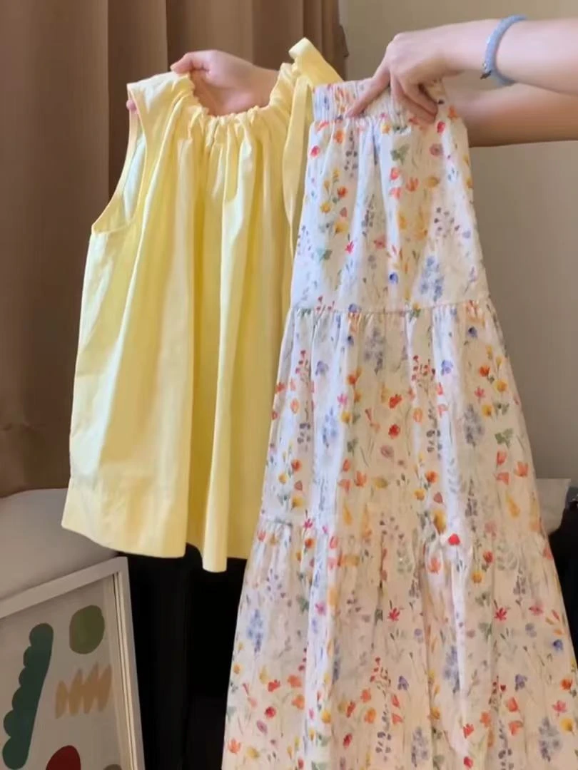 宽松型背心吊带外穿夏款黄色夏季时尚套装碎花印花夏装半身裙1889