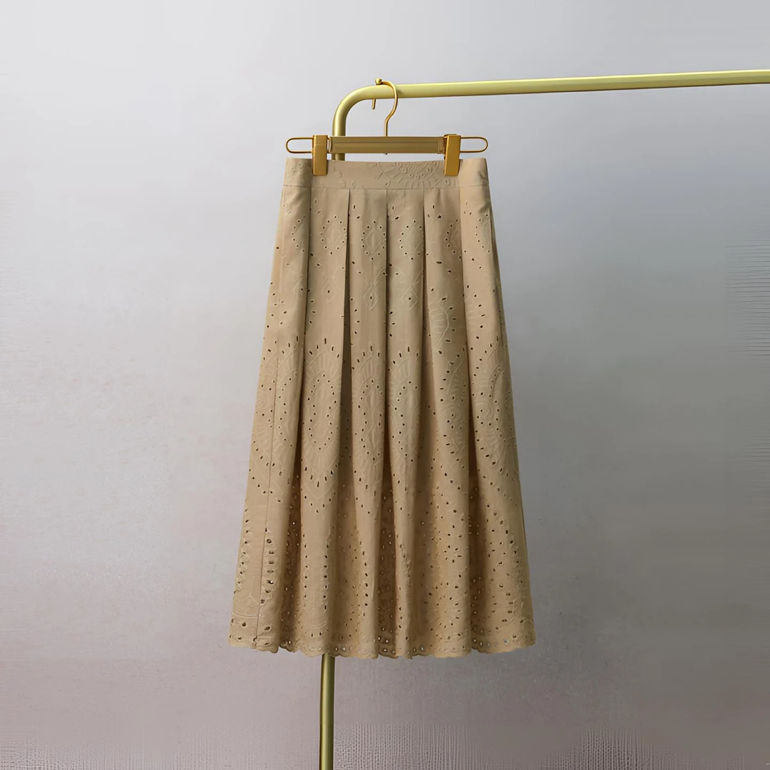 镂空刺绣半身裙女2025新款夏季高腰棉布中长款A字裙松紧腰百褶裙