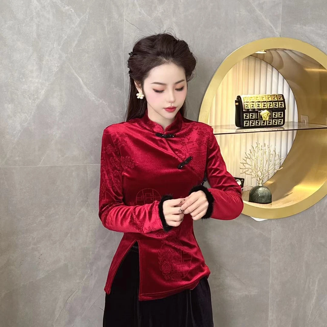 现货【半听曲】新中式国风设计师水貂毛拼接压花收腰显瘦女上衣