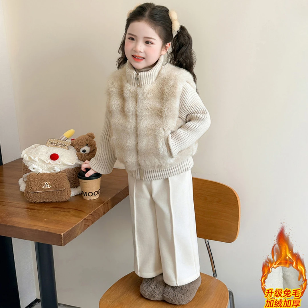 韩版女童套装冬季加绒加厚儿童洋气仿皮草拼接外套两件套女孩冬装