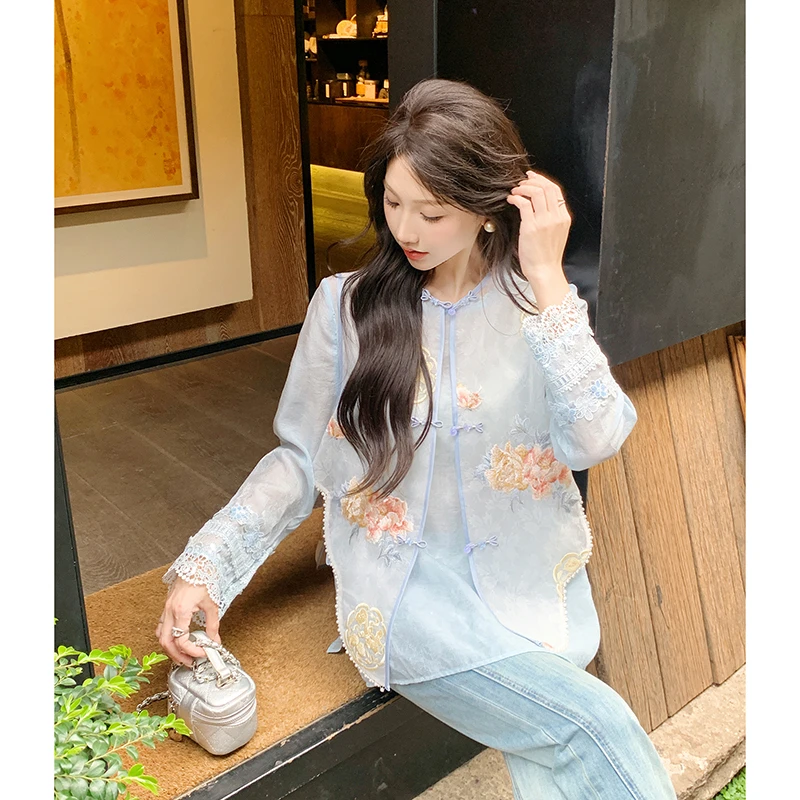 果果家新中式钉珠刺绣薄款衬衫马夹2025女装夏季牛仔裤