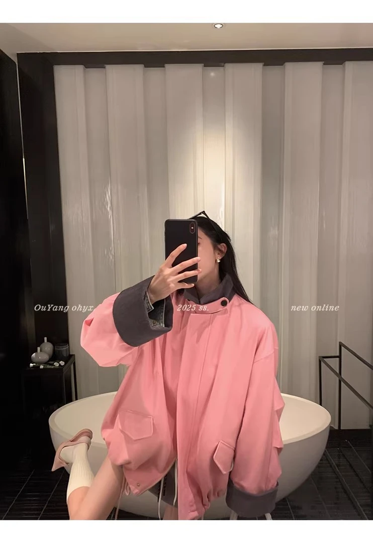区区欧阳撞色灯芯绒工装外套女秋季新款休闲宽松复古拼接翻领夹克
