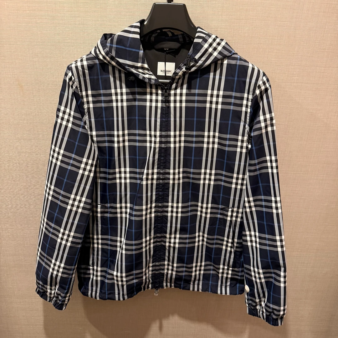 未使用 BURBERRY/博柏利 男款蓝格纹单排扣休闲连帽夹克