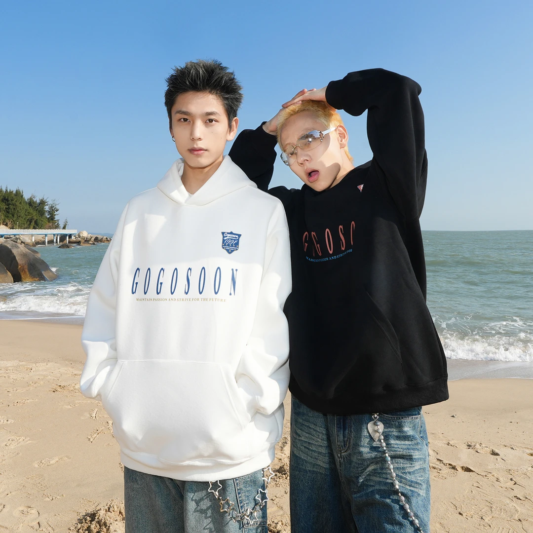 GOGOSOON男生白色连帽字母卫衣400g春秋装青少年感美式休闲宽松款