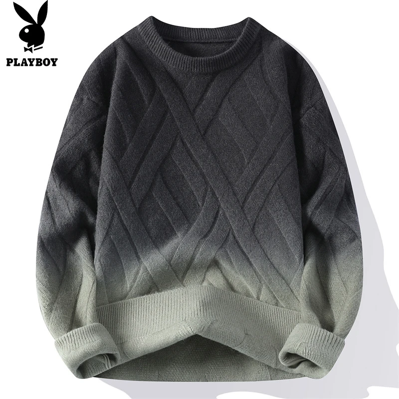 花花公子男士渐变毛衣圆领休闲秋冬新款潮流百搭韩版宽松针织衫男