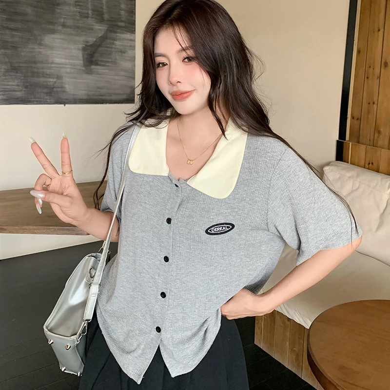 5586大码冰丝针织T恤女装爆款夏季胖mm显瘦正肩Polo衫上衣洋气