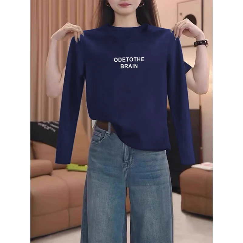 长袖t恤女正肩2025新款洋气百搭宽松藏青色上衣春秋薄款打底内搭