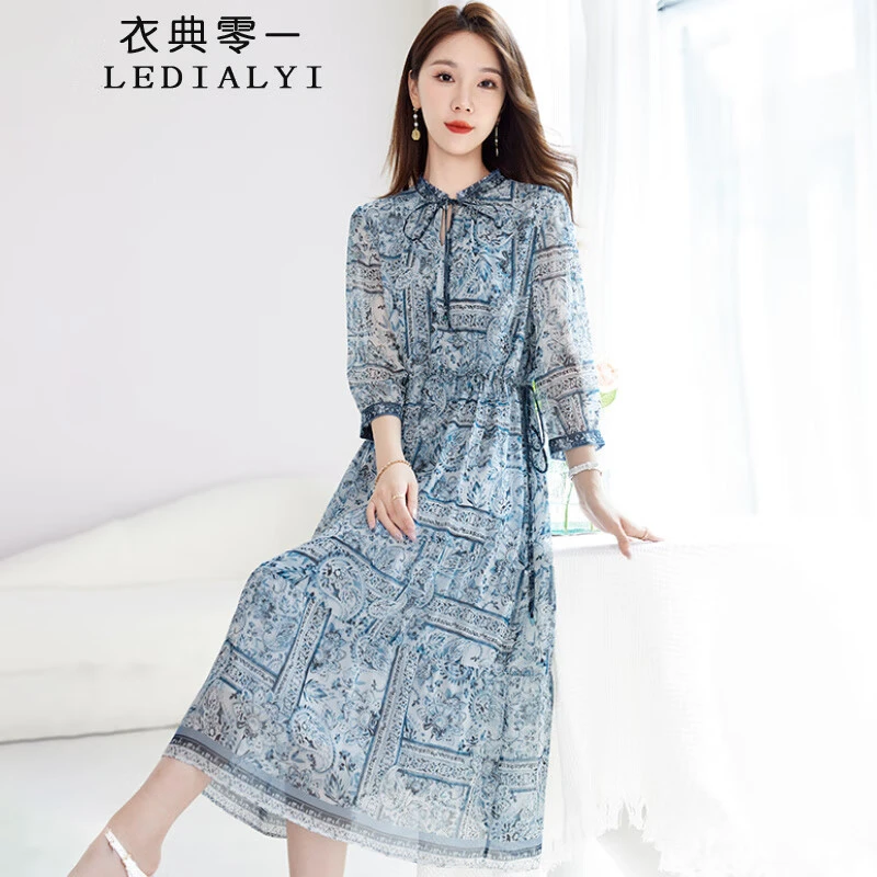 杭州大牌真丝印花连衣裙女2025夏季新款时尚气质减龄桑蚕丝长裙