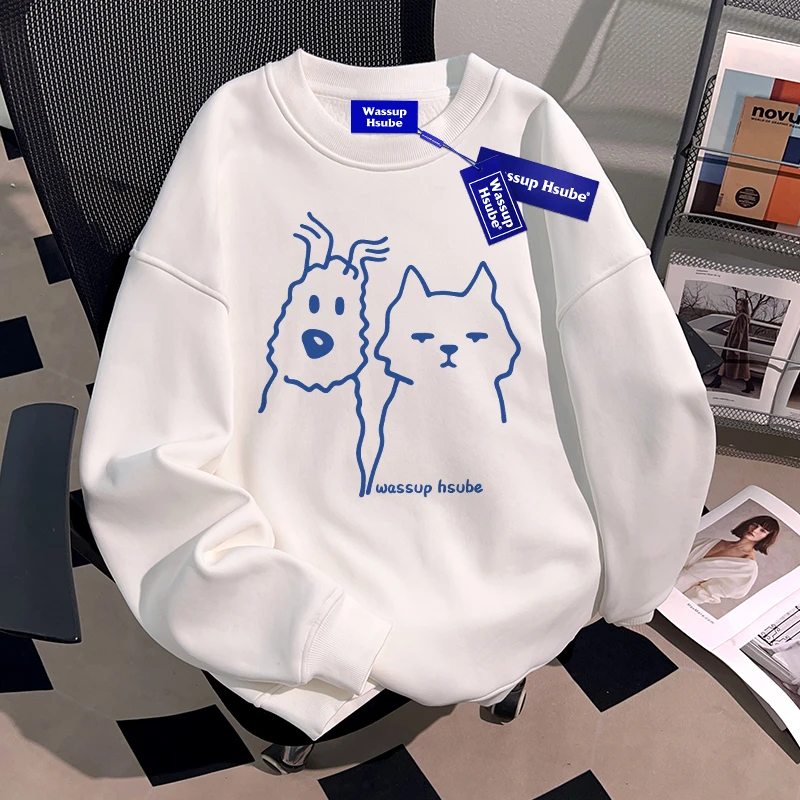 WASSUP HSUBE猫狗印花可爱卡通图案圆领卫衣秋冬休闲情侣重磅上衣