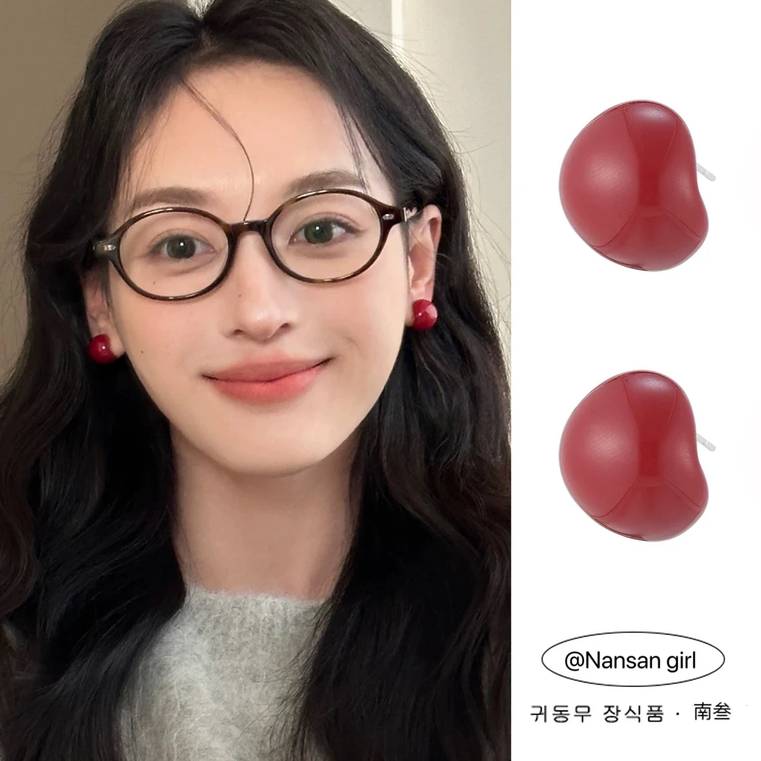 铜合金耳饰 球球包耳垂耳钉秋冬高级感红色新年耳环百搭气质耳饰