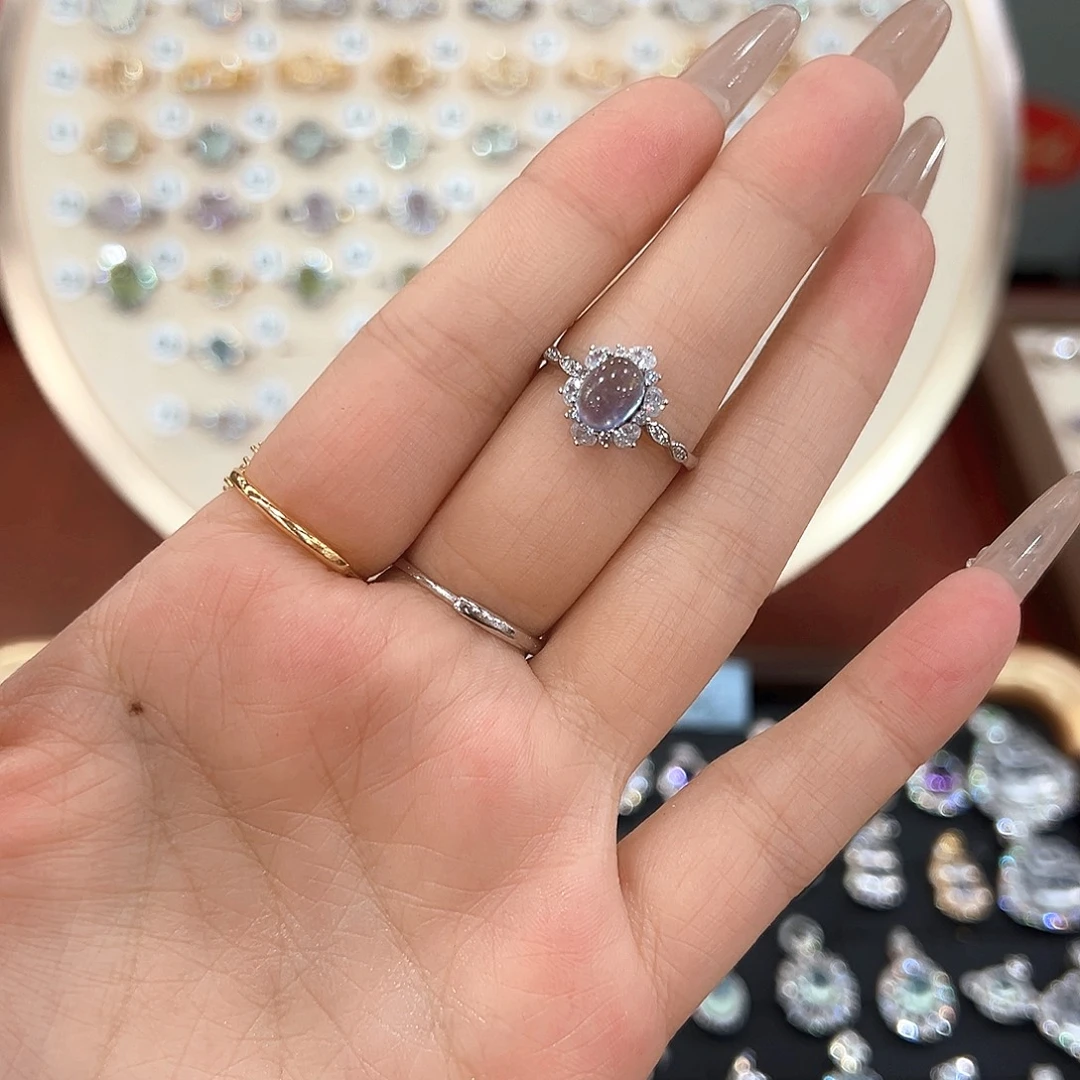 特***兔戒指银S925镶嵌烟晶