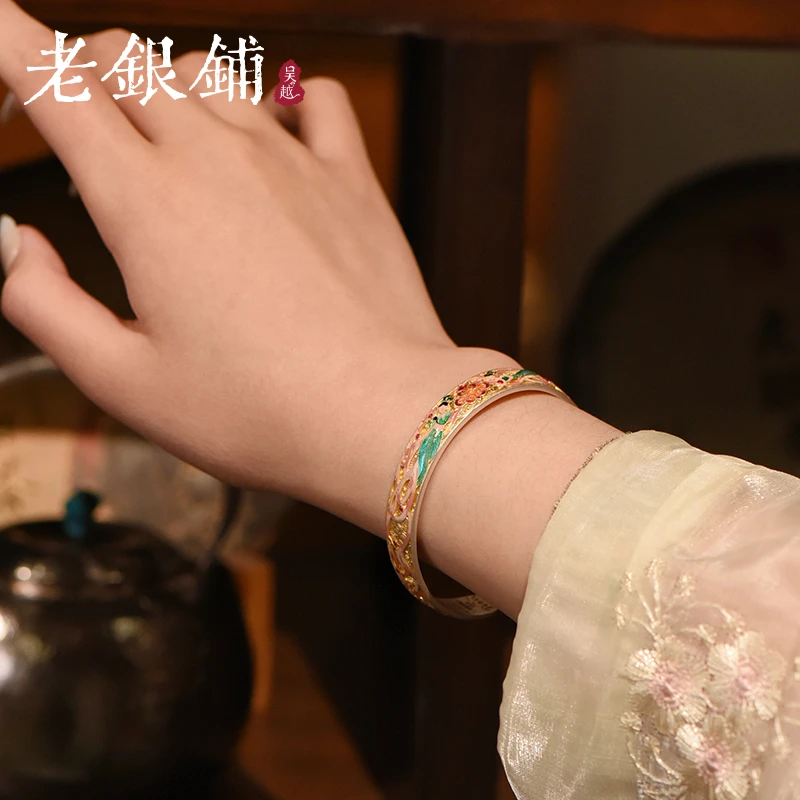吴越老银铺 足银珐琅手镯 9999足银仙舞心经手镯时尚气质纯银手镯