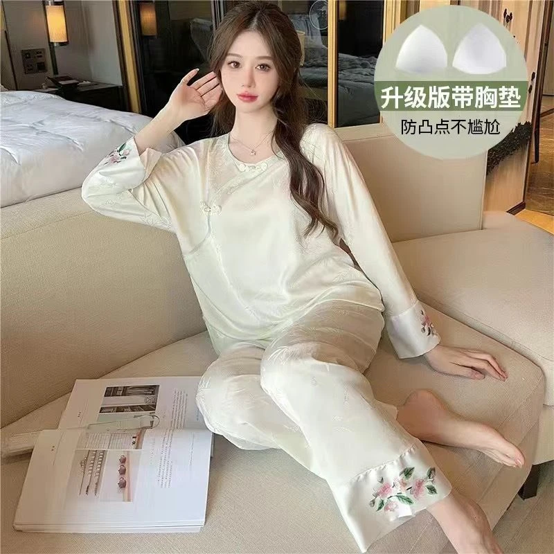 2025新中式国风冰丝印花睡衣女春夏新款丝绸盘扣高级