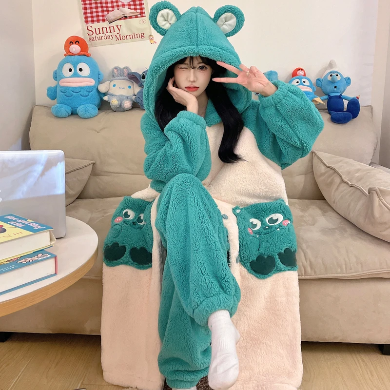 『毛怪』秋冬法兰绒睡袍女加厚款珊瑚绒睡衣可爱甜美韩版学生家居服
