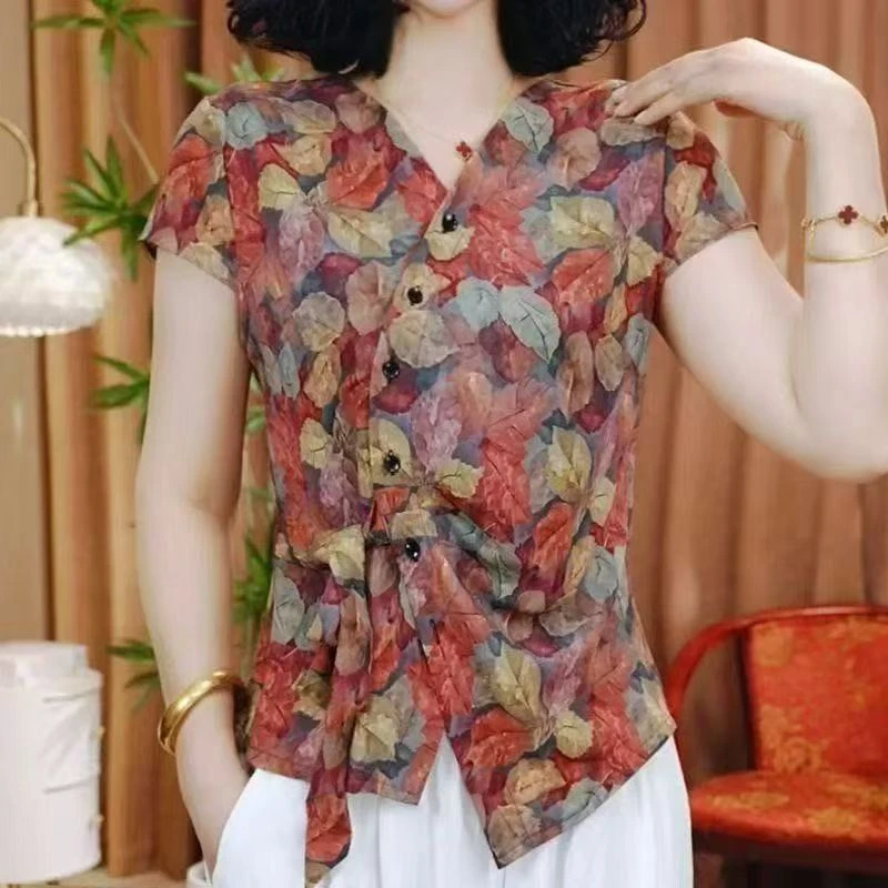 现货现现发夏季女士V领小袖碎花系带时尚百搭款中式碎花透气舒适