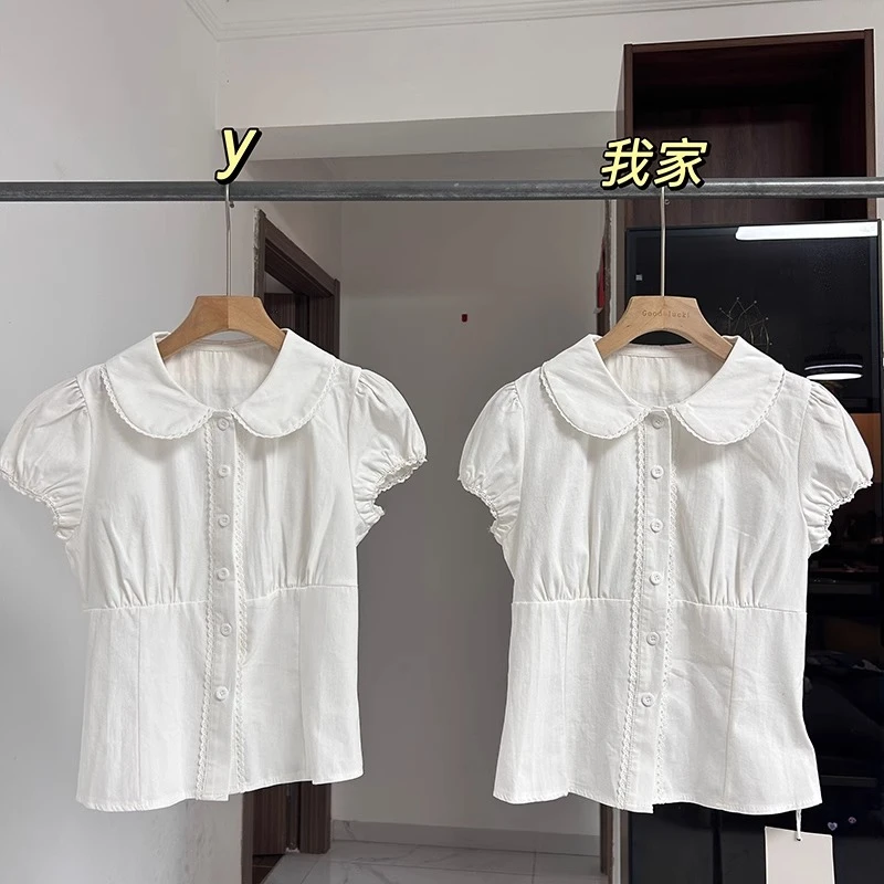 纯白物语白色娃娃领衬衫泡泡袖女夏设计感收腰衬衣洋气短袖上衣