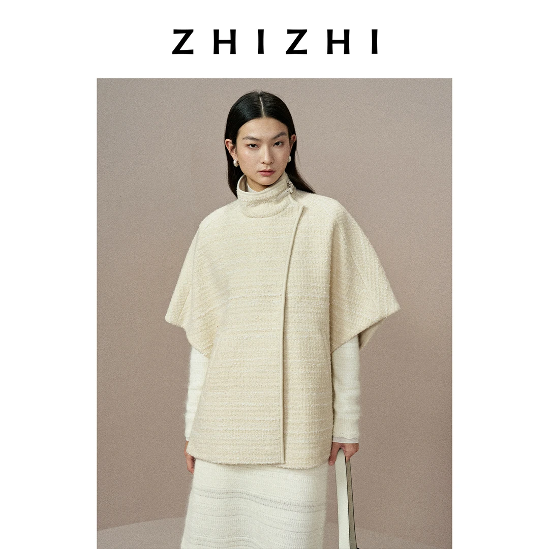 致知 西湖月 立领羊皮搭扣斗篷型麂皮感毛呢大衣25冬ZZ2EWWJT139