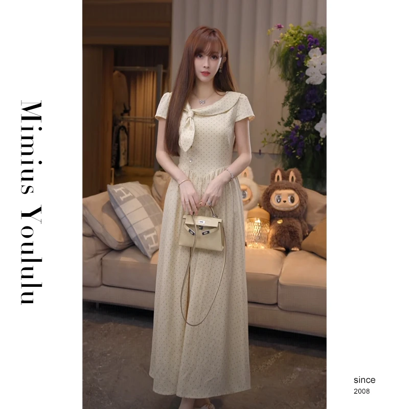 【mimius】Q 气质温柔赫本风兔耳朵蝴蝶结波点连衣裙 G06017
