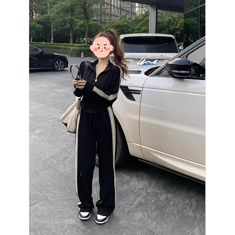 秋季休闲风运动一整套穿搭大码胖mm显瘦百搭上衣阔腿裤两件套8507
