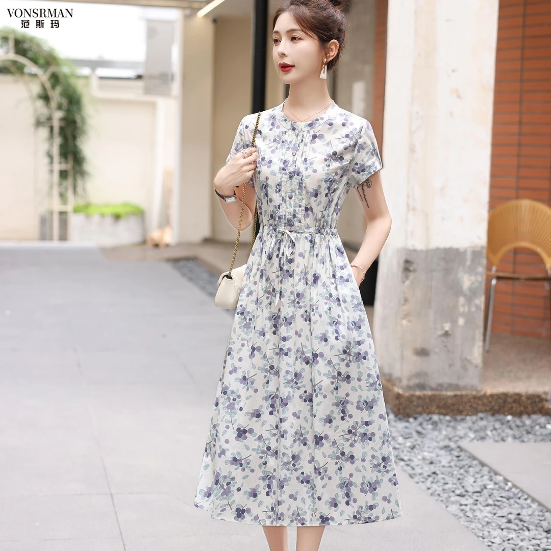 温柔气质紫色碎花时尚连衣裙女夏季2025新款圆领短袖收腰长款裙子