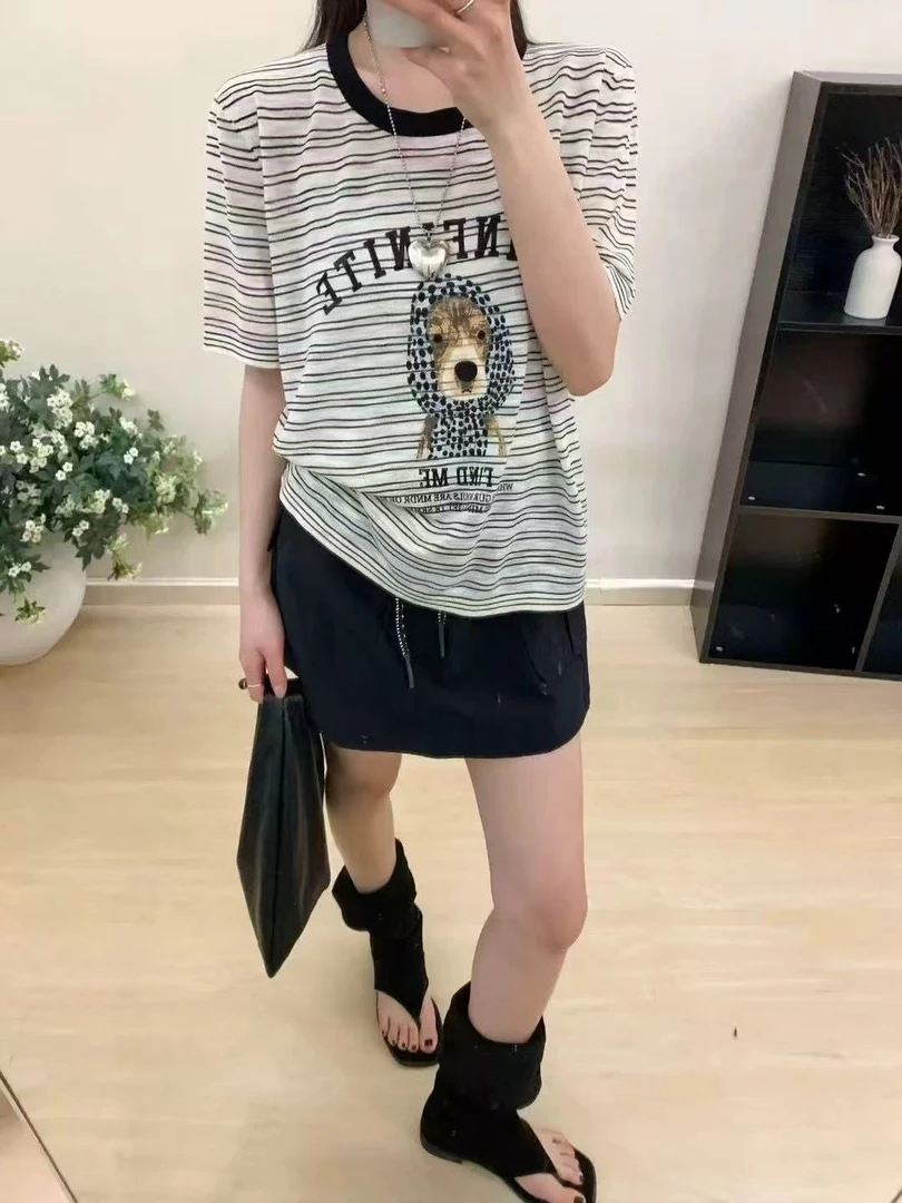 【衣长60】2025夏季新款卡图印花条纹短袖宽松T桖圆领小狗T