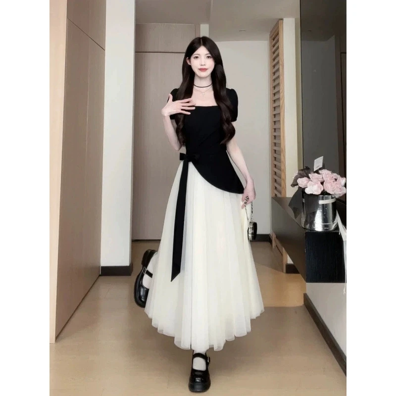 法式温柔风长裙夏季收腰显瘦设计感撞色拼接不规则绑带网纱连衣裙