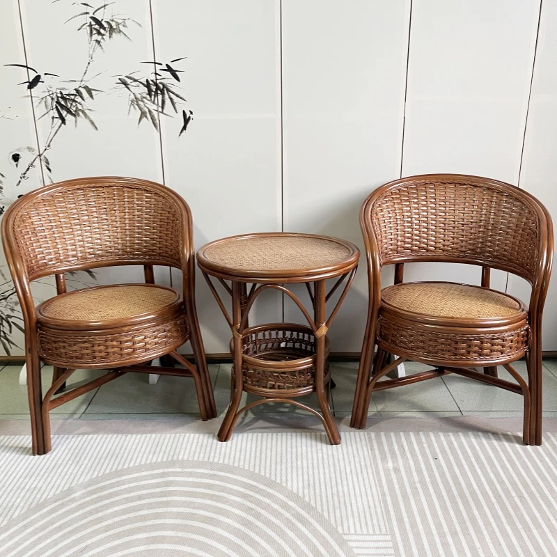 阳台小藤椅三件套休闲喝茶椅老人手工客厅简约家用藤编单人