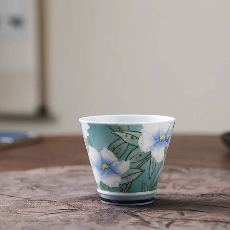 官润窑 陶瓷釉下彩手工绘画品茗杯主人杯无铅无镉栀子花撇口杯
