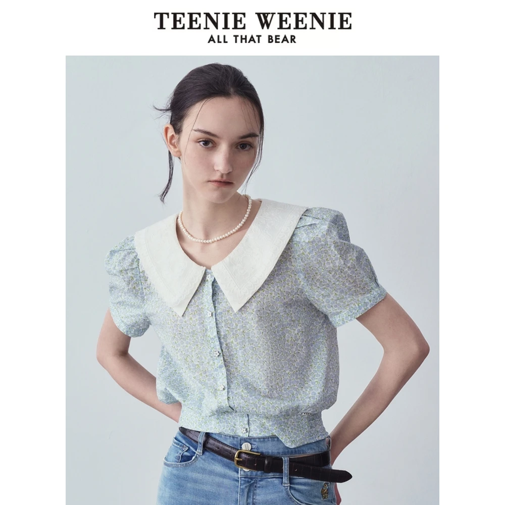 TeenieWeenie小熊蕾丝双层领短袖衬衫清新碎花上衣TTBA242403T