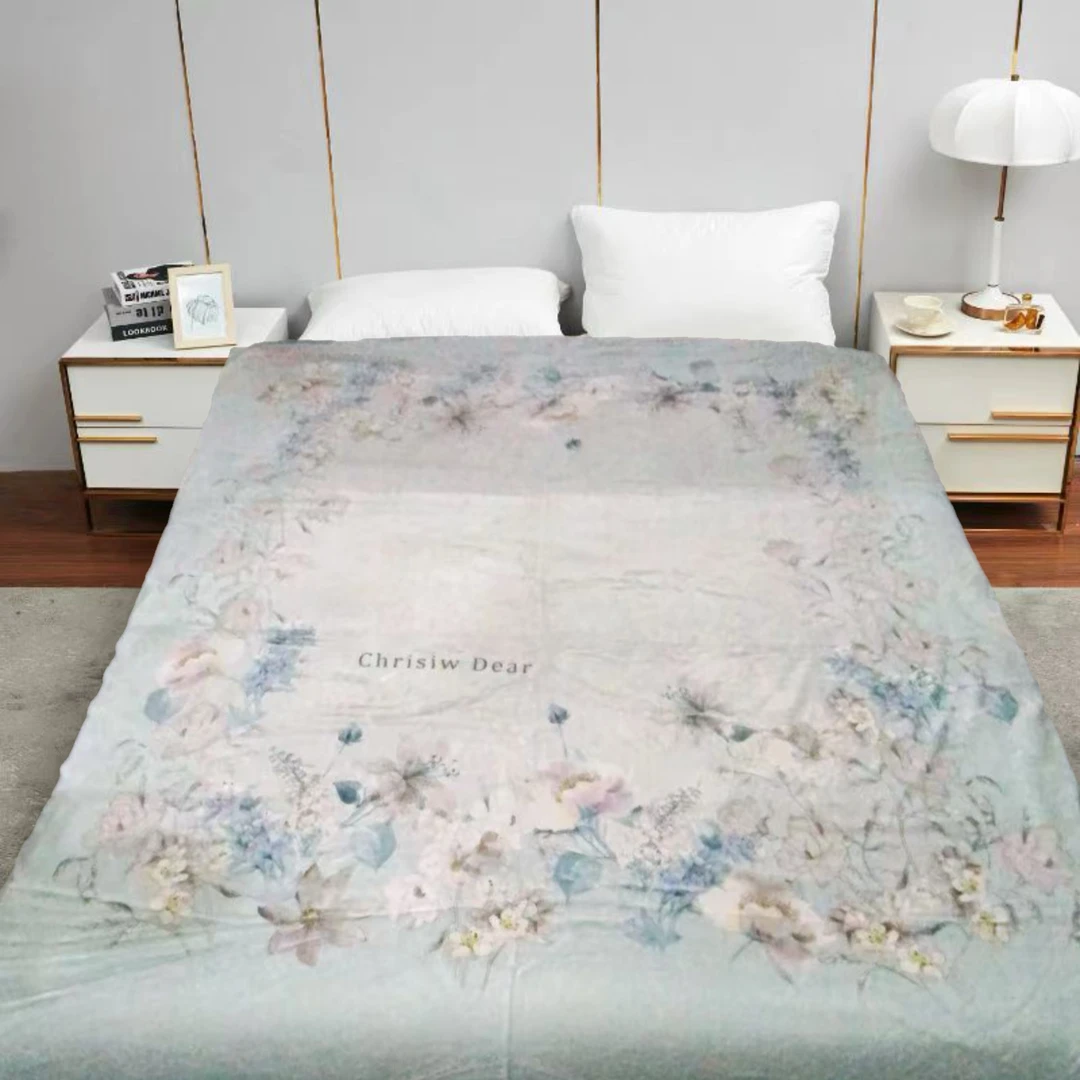 200*230cm 蓝色清新百合 双层 盖毯午睡毯多功能卧室加厚绒毛毯