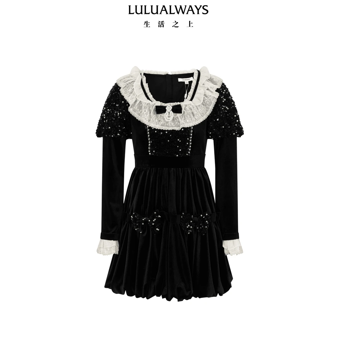 LULUALWAYS25新款法式浪漫重工丝绒连衣裙