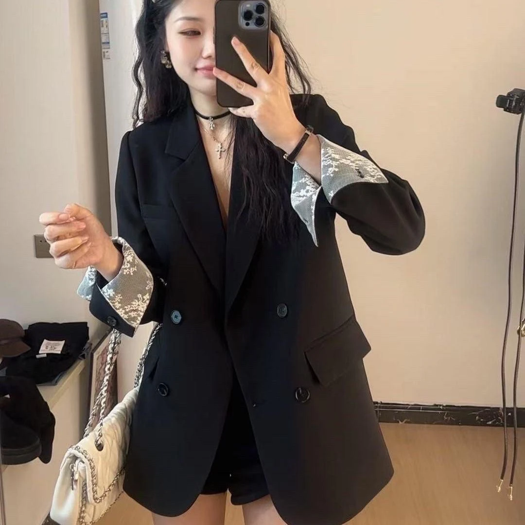 高级西装外套小个子2025新款韩版宽松休闲小众蕾丝拼接西服