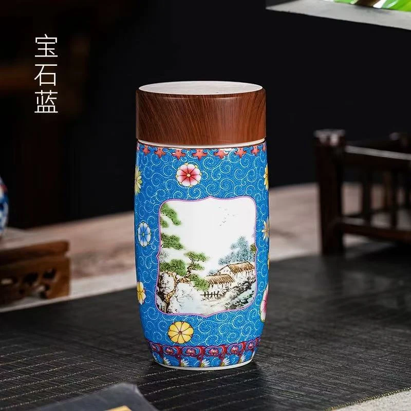 珐琅彩宝石蓝开窗陶瓷杯