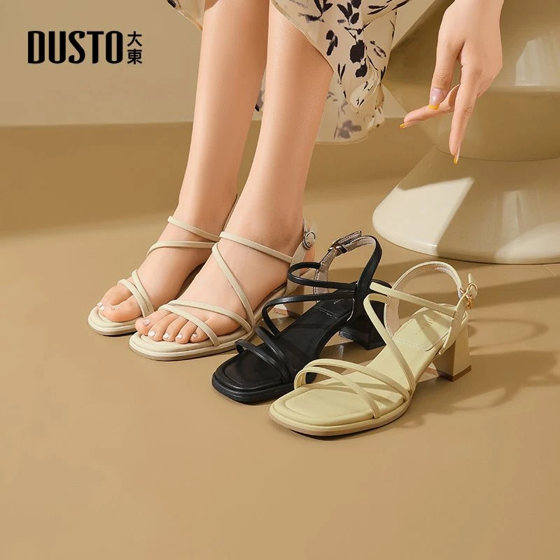 大东女鞋2025年夏季新款日常百搭粗跟一字带凉鞋气质方头鞋子0070