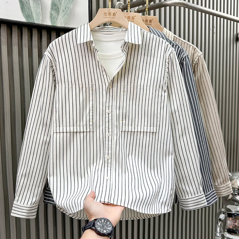 新款日系条纹长袖衬衫男士时尚百搭文艺休闲宽松帅气上衣男装外套