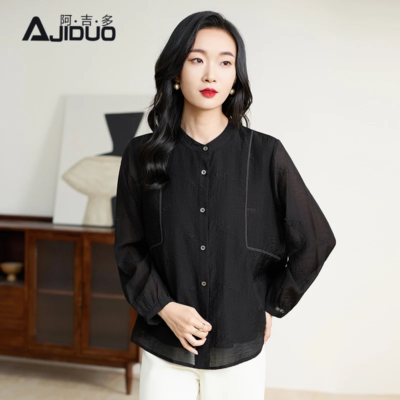阿吉多黑色长袖衬衫女秋季2025新款通勤优雅高级气质衬衣大码上衣