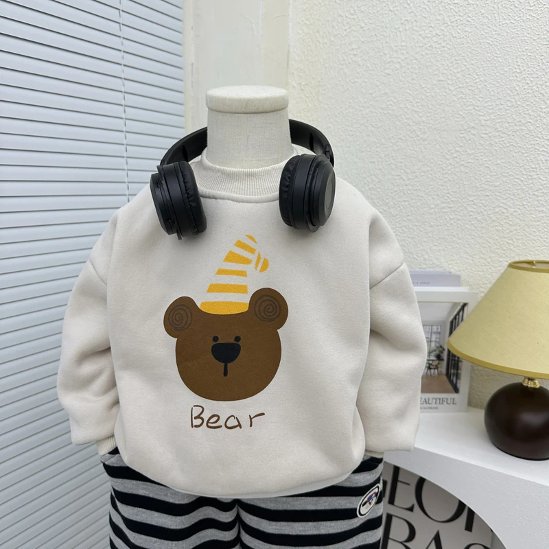 男童加绒加厚卫衣冬装2025新款中小童卡通绒一体绒圆领套头