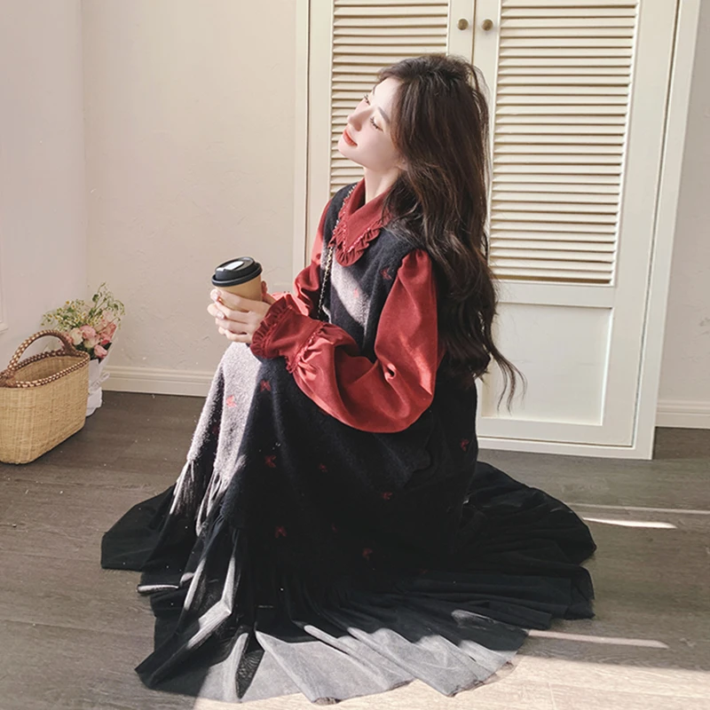 美拉德穿搭吊带连衣裙套装女法式复古长袖衬衫荷叶边鱼尾裙两件套