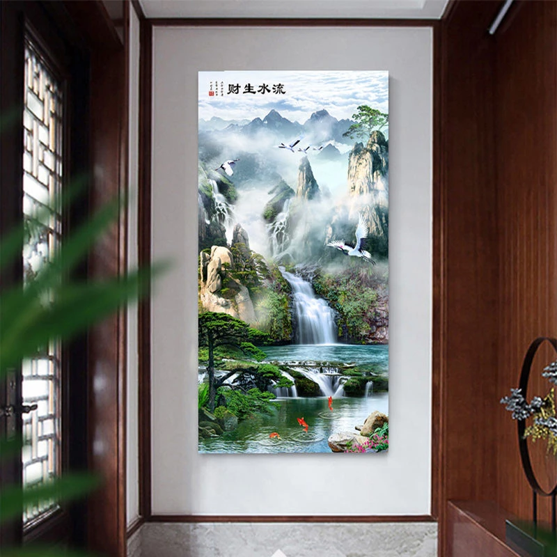 中式玄关竖图自粘墙纸竖版花开富贵走廊客厅过道酒店装饰画