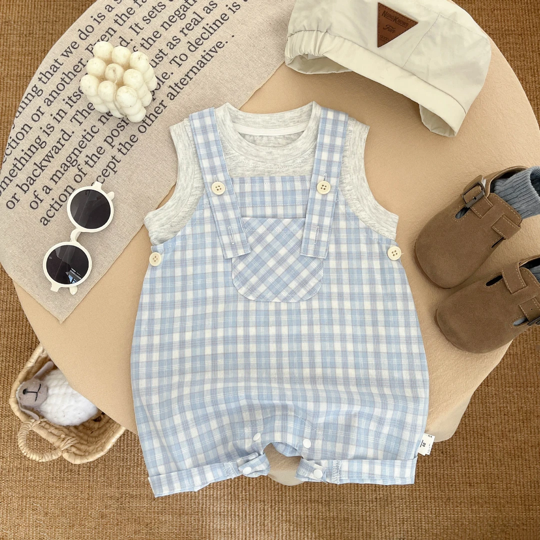 韩版婴儿连体衣夏季男女宝宝格子背带无袖爬服新生儿哈衣薄款夏天