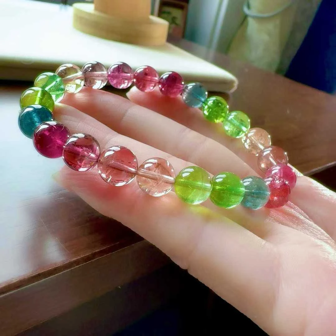 天然真品彩虹人鱼碧玺手串单圈9mm24.2g碧玺手串纯天然真品100%