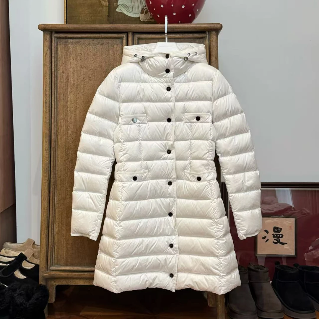 MYL 2024年秋冬新款锦纶白鹅绒羽绒服白色连帽收腰中长款羽绒服