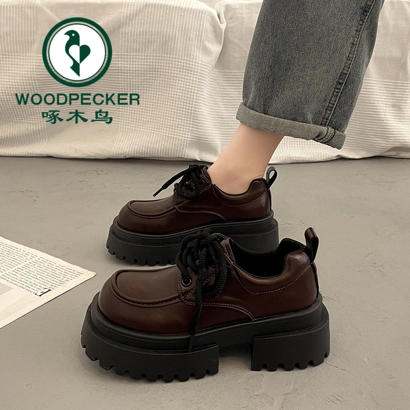 啄木鸟英伦风厚底增高小皮鞋女春秋单鞋2025新款玛丽珍系带乐福鞋