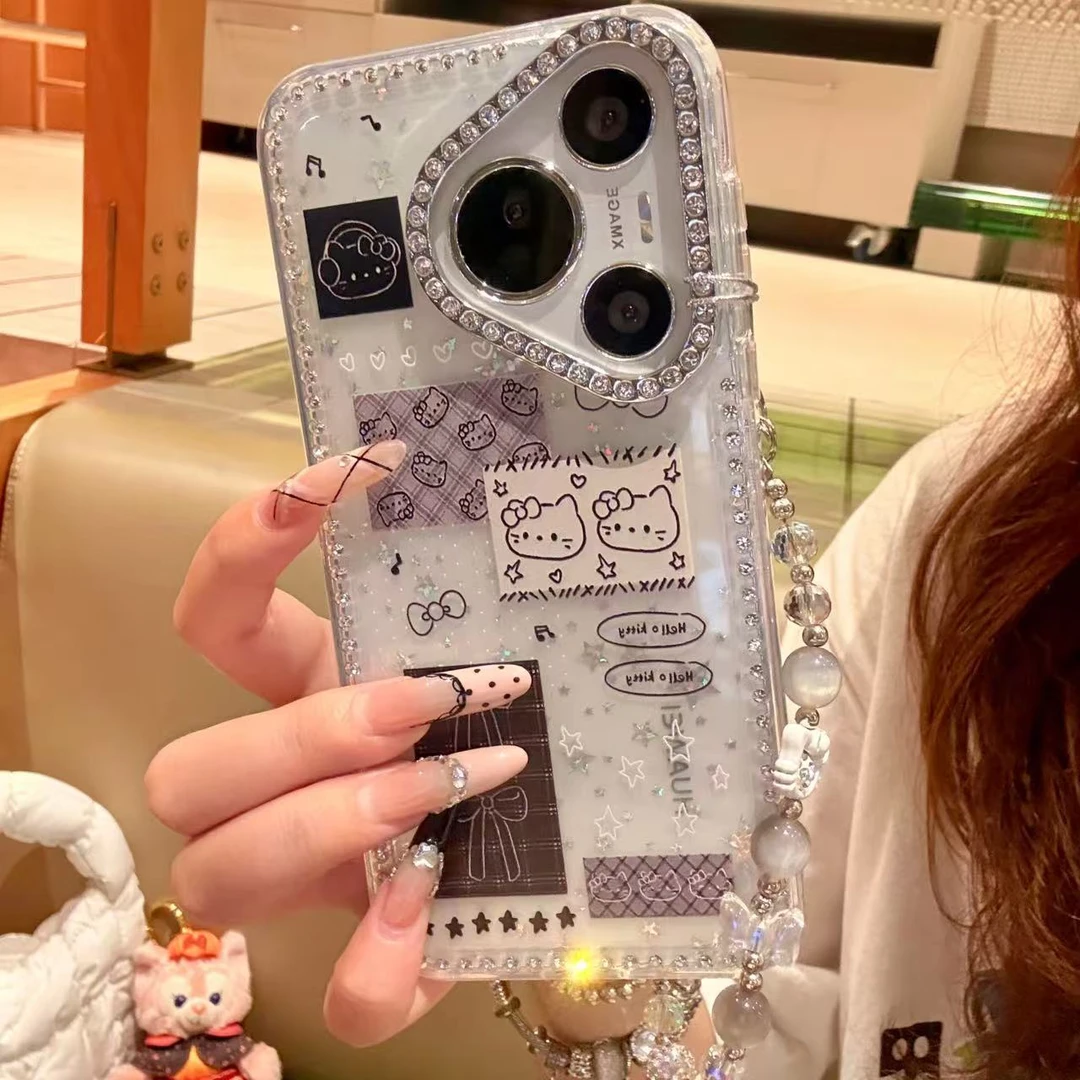 韩系高级格纹线条KT猫适用华为pura70苹果16promax防摔保护手机壳