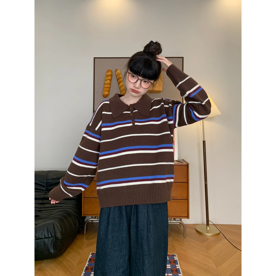 复古条纹polo翻领针织衫女韩版秋冬新款慵懒休闲百搭显瘦毛衣套头
